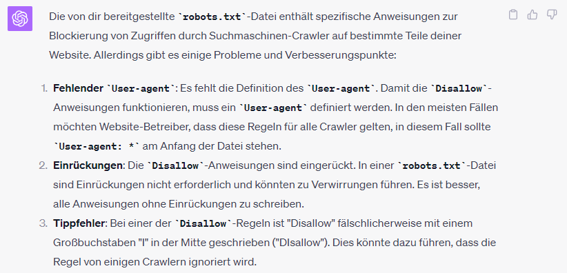 Antwort bzw. Analyseergebnis von ChatGPT zur fehlerhaften robots.txt-Datei inkl. Erklärung was verbessert werden kann