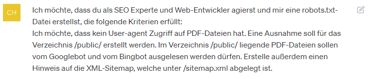 Beispielhafter Prompt für die Erstellung einer gültigen robots.txt-Datei mit Hilfe von ChatGPT