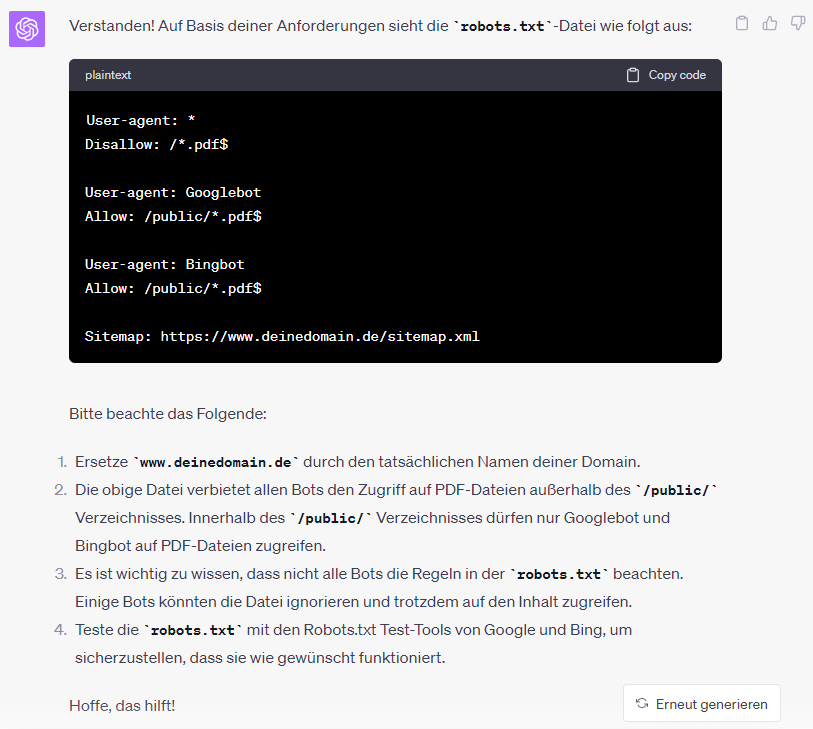 Beispiel-Ausgabe von ChatGPT: Valider Code für eine robots.txt-Datei, welche PDF-Dateien für alle Bots mit Ausnahme des Googlebot und des Bingbot sperrt